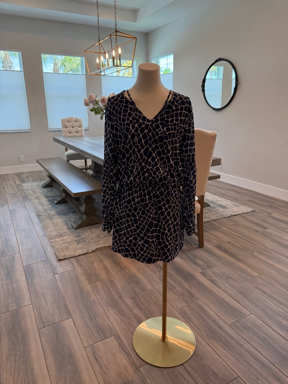 MICHAEL Michael Kors Navy and White V-Neck Long Sleeve Tunic Dress